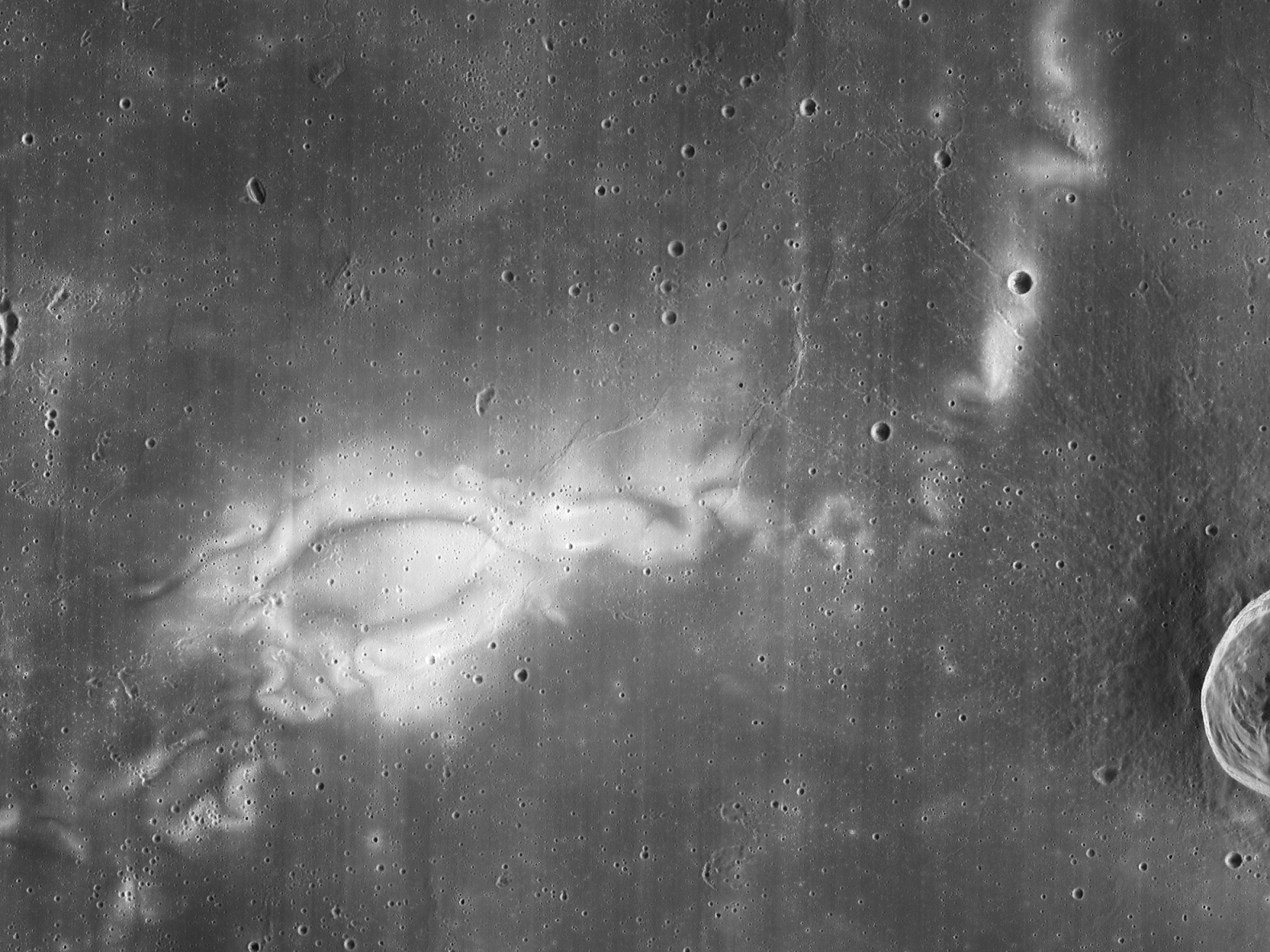 ○ 촬영일 : 2023년 4월 5일(KST)
○ 촬영지점 좌표 : 북위 5.52~11.8 &deg;, 서경 53.4~60.9&deg;
○ 설명
주변 지형의 높낮이 및 성분과 무관하게 밝고 어두운 무늬가 나타나는 지역
광시야 편광카메라 관측
- 해당 위치는 달의 전면부에 위치한 폭풍의 대양의 일부임
-  라이나 감마 스월(Reiner Gamma Swirl)은 달의 자기이상지역 중 가장 유명한 지역임
-  달의 자기이상지역에서 나타나는 달 스월(lunar swirl)은 달 표면에서 특별한 지형이나 성분의 차이 없이 밝기 변화만 나타나는 특이한 지역임
-  이 지역의 발생 원인에 대해서는 아직 알려진 바가 없으나 지상에서 촬영한 편광 영상 분석 결과에 의하면 이 지역의 편광 특성은 주변 지역과 큰 차이를 보임
-  이 지역이 주변과 동시에 만들어진 지역이며 토양의 성분도 주변과 동일한 점을 고려하면 편광영상이 달 스월의 생성 기작을 이해하는데 큰 역할을 할 수 있을 것으로 많은 연구자들이 기대하고 있음
-  지상 편광 영상을 이용한 국내 연구진의 분석 결과에 의하면 이 지역의 토양의 밀도와 입자크기 분포는 주변과 큰 차이를 보이고 있으며 이는 달 표면의 밝기 변화를 유발할 수 있는 특성이기 때문에 고무적인 연구결과 임(정민섭, 김성수, 최영준 외 1 명, 2016) &Yuml; 하지만 지상관측으로는 관측 해상도가 낮아 정밀한 분석이 어려웠으나 광시야 편광 카메라의 자료는 관측 해상도가 최대 41m로 정밀한 분석이 가능할 것으로 기대됨​​ 이미지