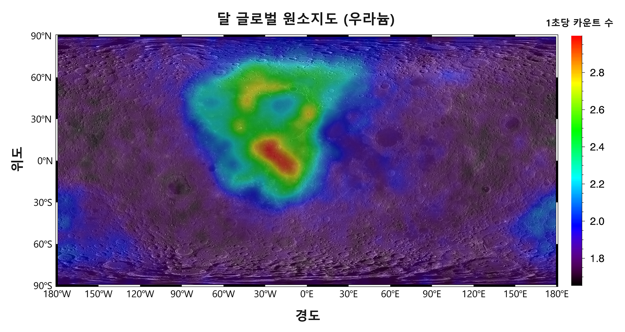 다누리 감마선분광기의 관측자료로 작성한 우라늄 원소지도 초안 이미지