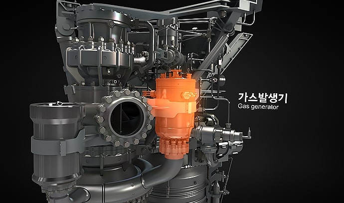 검은 배경 위에 누리호 엔진의 3D 구조를 보여주는 이미지. 오른쪽에는 '가스발생기 Gas generator' 라는 설명이 표시되어 있다.
