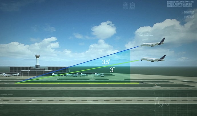 공항 활주로 근처에서 항공기의 착륙 각도를 나타낸 이미지. 3도와 3.5도의 착륙 경사각이 색상으로 구분되어 시각화되었으며, 착륙을 준비 중인 항공기 두 대가 각도에 맞춰 활주로에 접근하고 있다. 공항 관제탑과 터미널, 항공기가 보이며 정밀 착륙 유도 시스템을 설명하기 위한 그래픽이다.